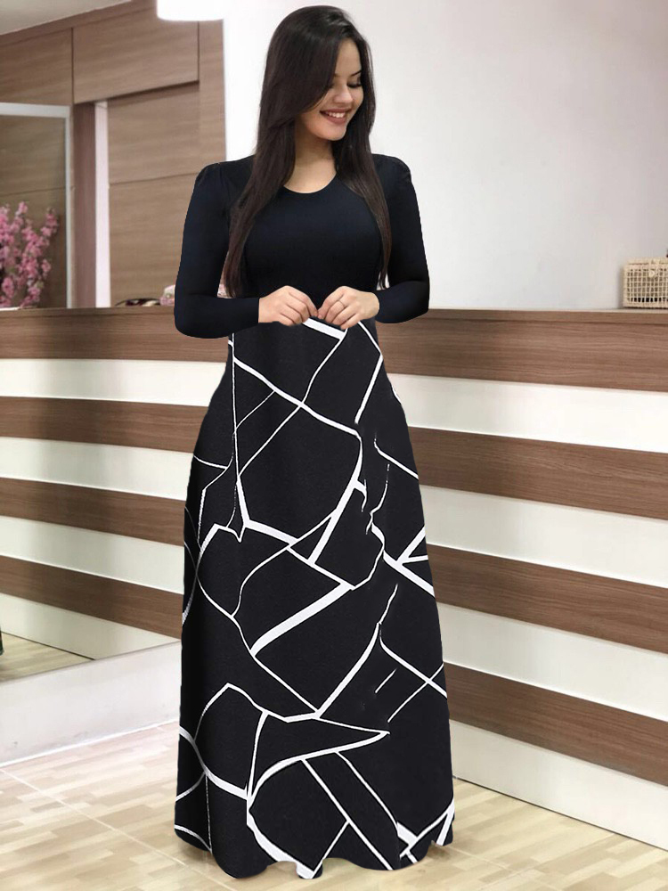 French Vintage Floral Midi Dress - Elegant Black White Simple Print Mid-Stretch