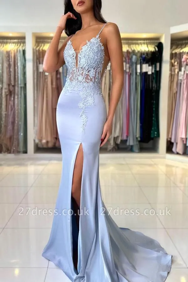 Elegant Satin Evening Gown Split - Elegant Mermaid Light Blue Prom Dressses