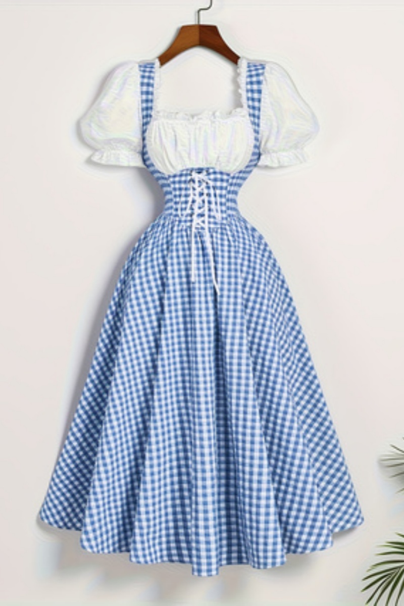 French Vintage Floral Midi Dress - Ladies' Fashion Blue and White Grid