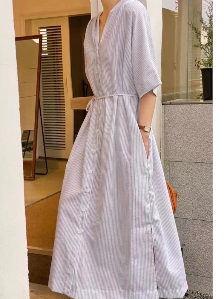 Summer Vintage Striped Linen S - Casual Loose Linen Shirt Dress recension och pris