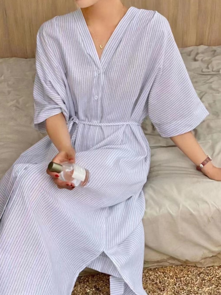 Summer Vintage Striped Linen S - Casual Loose Linen Shirt Dress recension och pris