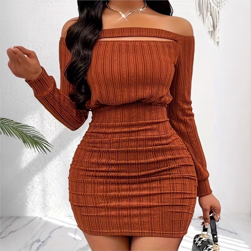Women's Fashion Dress Spring A - Bodycon Long Sleeve Ribbed Dress recension och pris