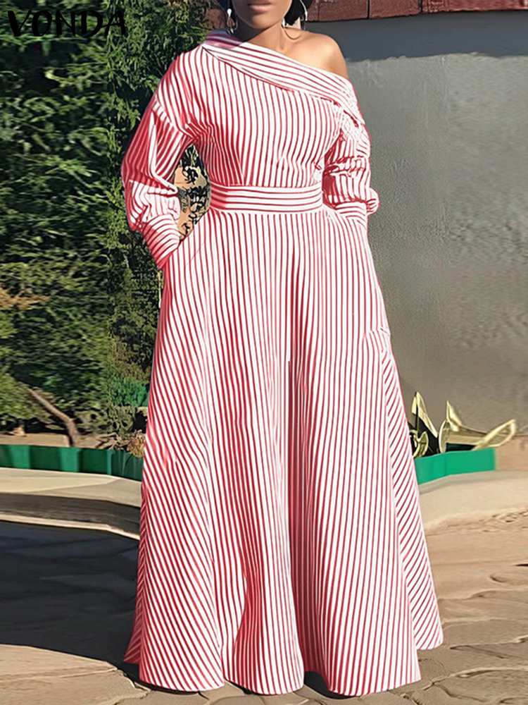 VONDA 2024 Women Elegant Strip - Off Shoulder Puff Sleeve Sundress recension och pris