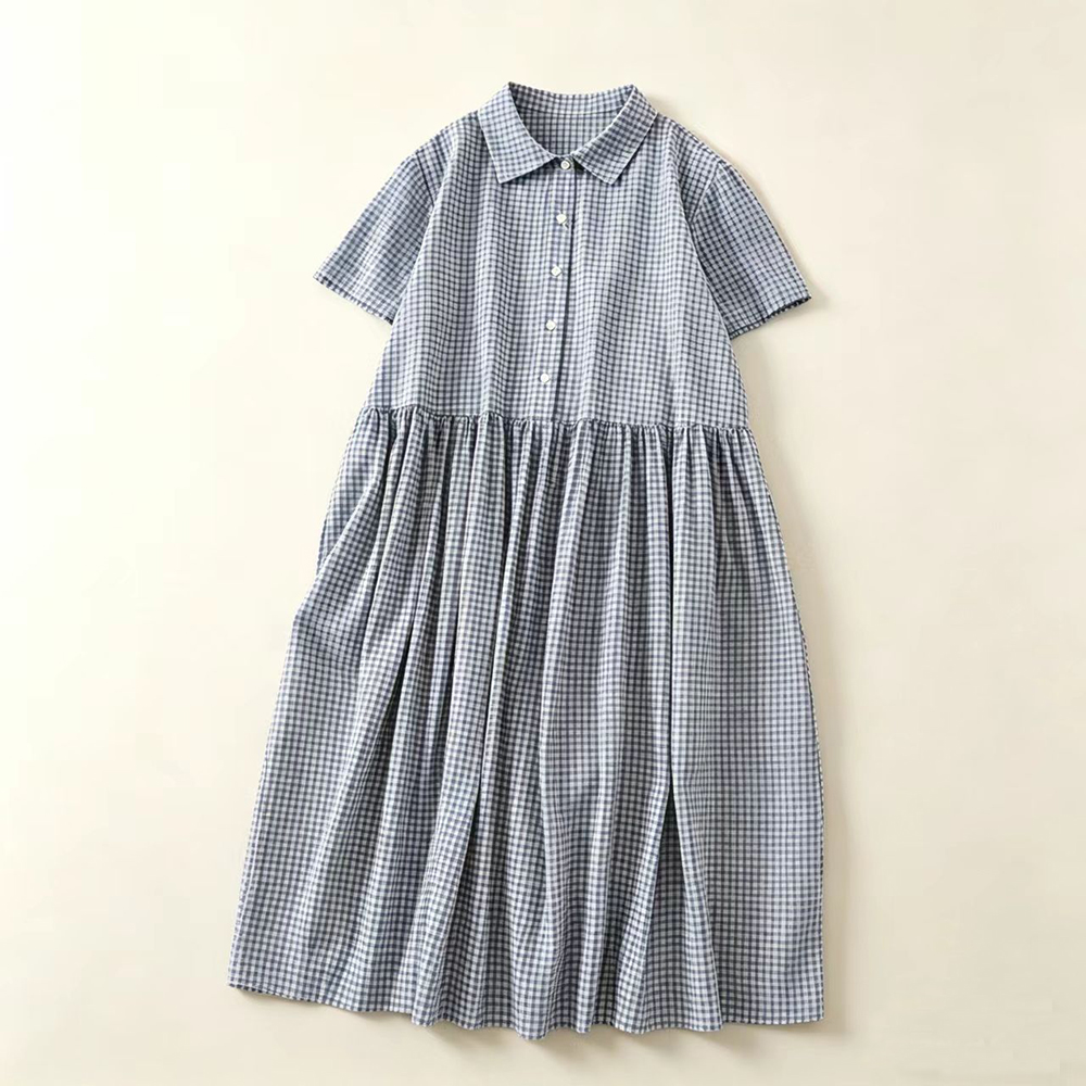 Blue Plaid  Collar Midi Dress  - Casual Loose Linen Shirt Dress recension och pris