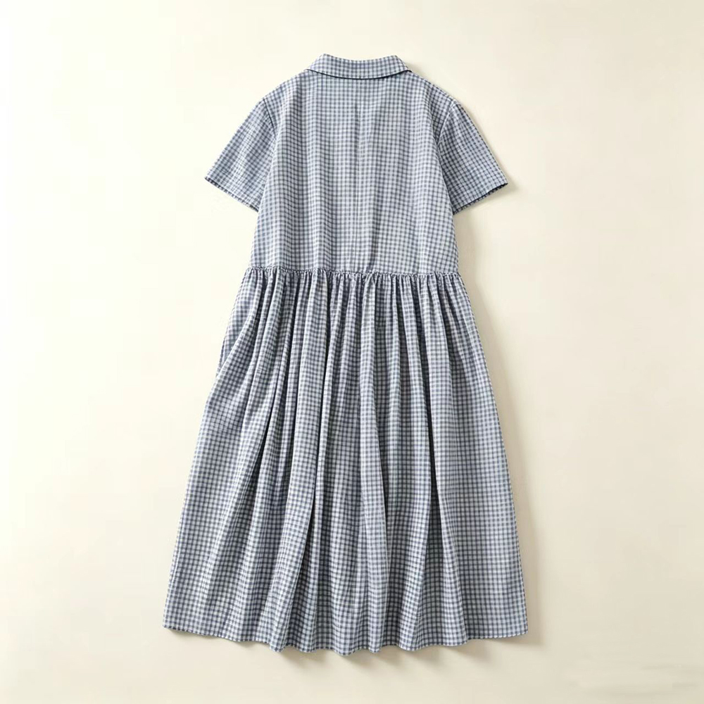 Blue Plaid  Collar Midi Dress  - Casual Loose Linen Shirt Dress recension och pris