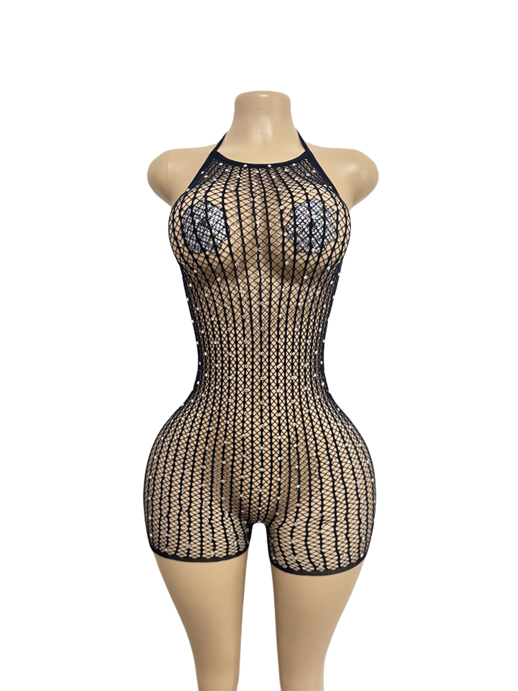 Women Halter Rhinestone Fishne - Sexy Mesh Sheer Bodycon Dress recension och pris