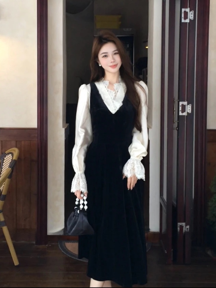 XZY Chic Lace Patchwork Silk S - Korean Style A Line Shirt Dress recension och pris