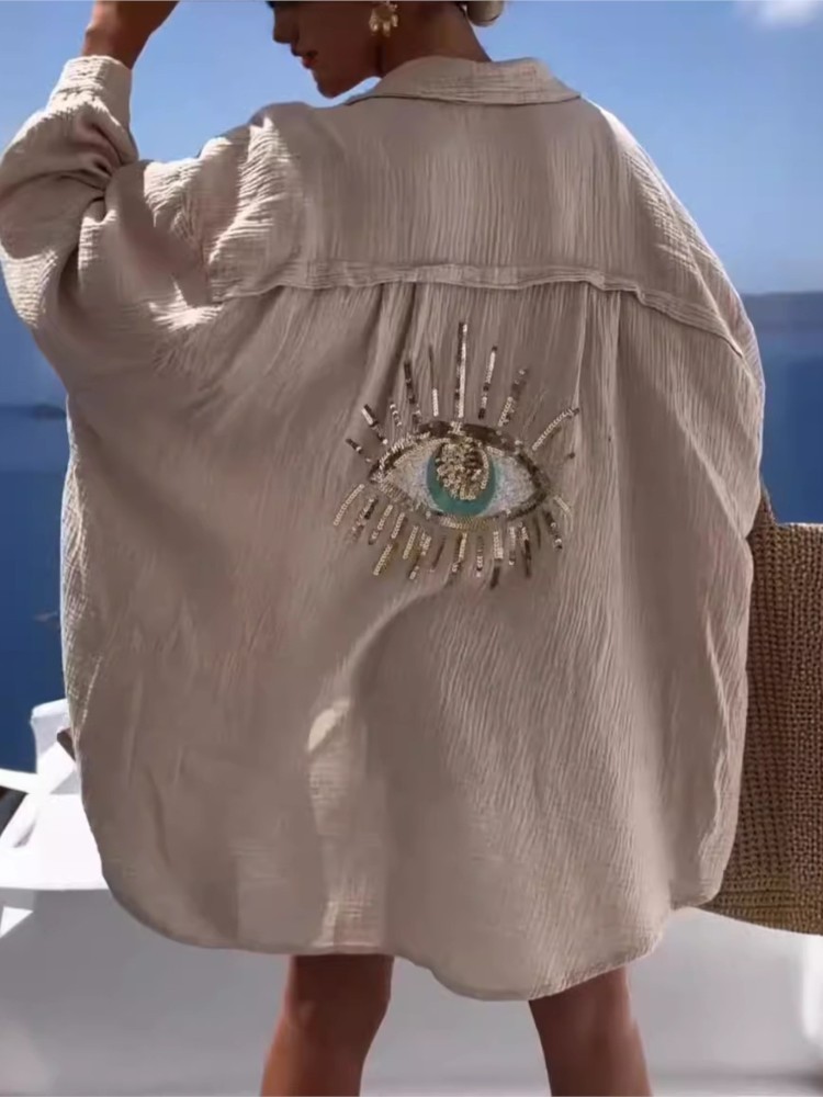 Summer Casual Sequin Eye Shirt - Casual Loose Linen Shirt Dress recension och pris