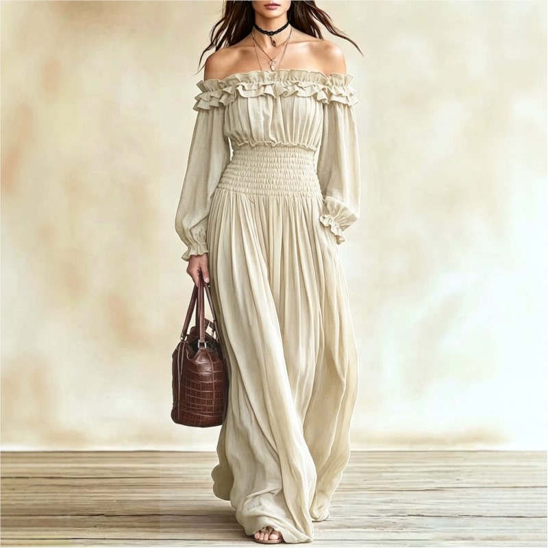 Women Off‑Shoulder Ruffle Maxi - Off Shoulder Puff Sleeve Sundress recension och pris
