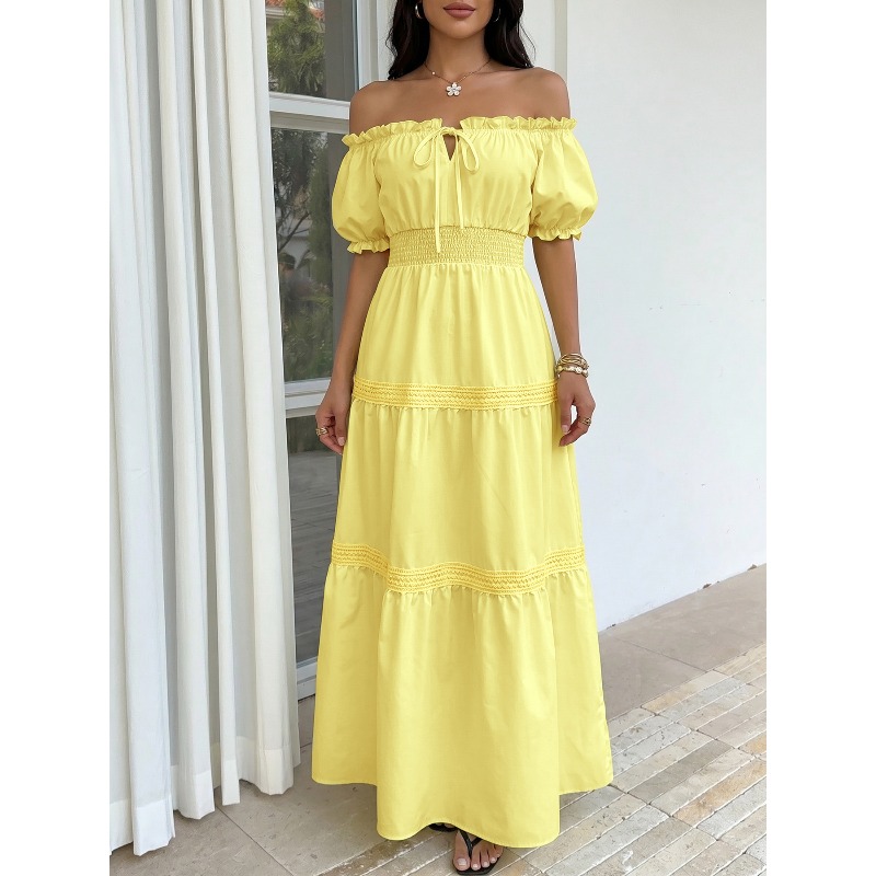 Summer Bohemian Women Yellow O - Off Shoulder Puff Sleeve Sundress recension och pris