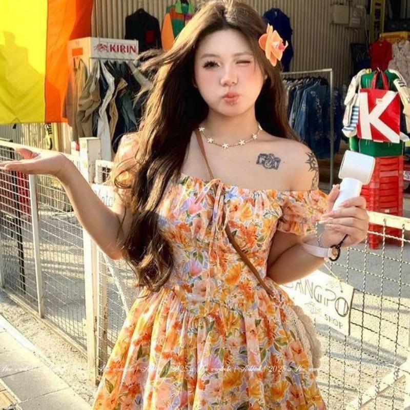 Hotsale Orange Floral Print Of - Off Shoulder Puff Sleeve Sundress recension och pris